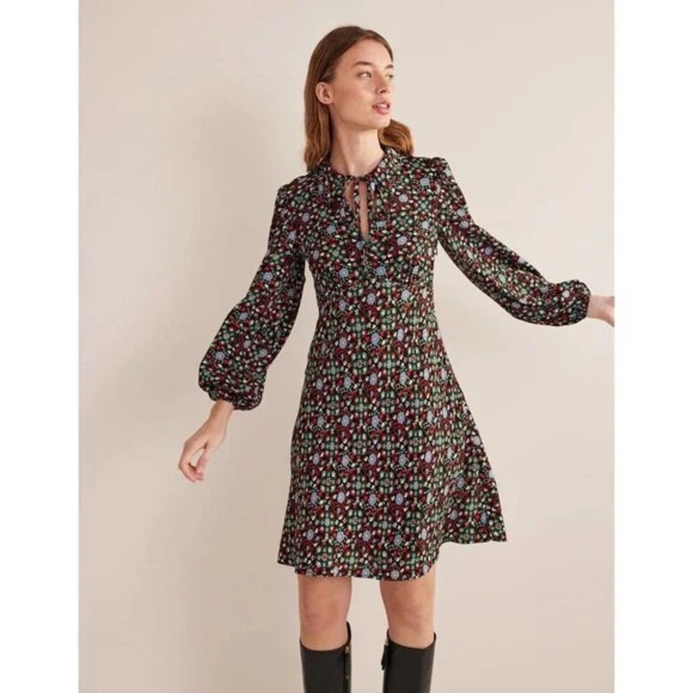 NWOT Boden Tie Neck Crepe Mini Dress Black Garden Swirl Size UK 22R US 20